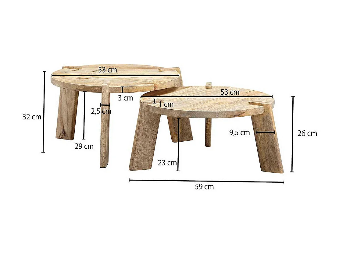 Beistelltische Sofa in Mangobaum Natur Dreifußgestell (zweiteilig)