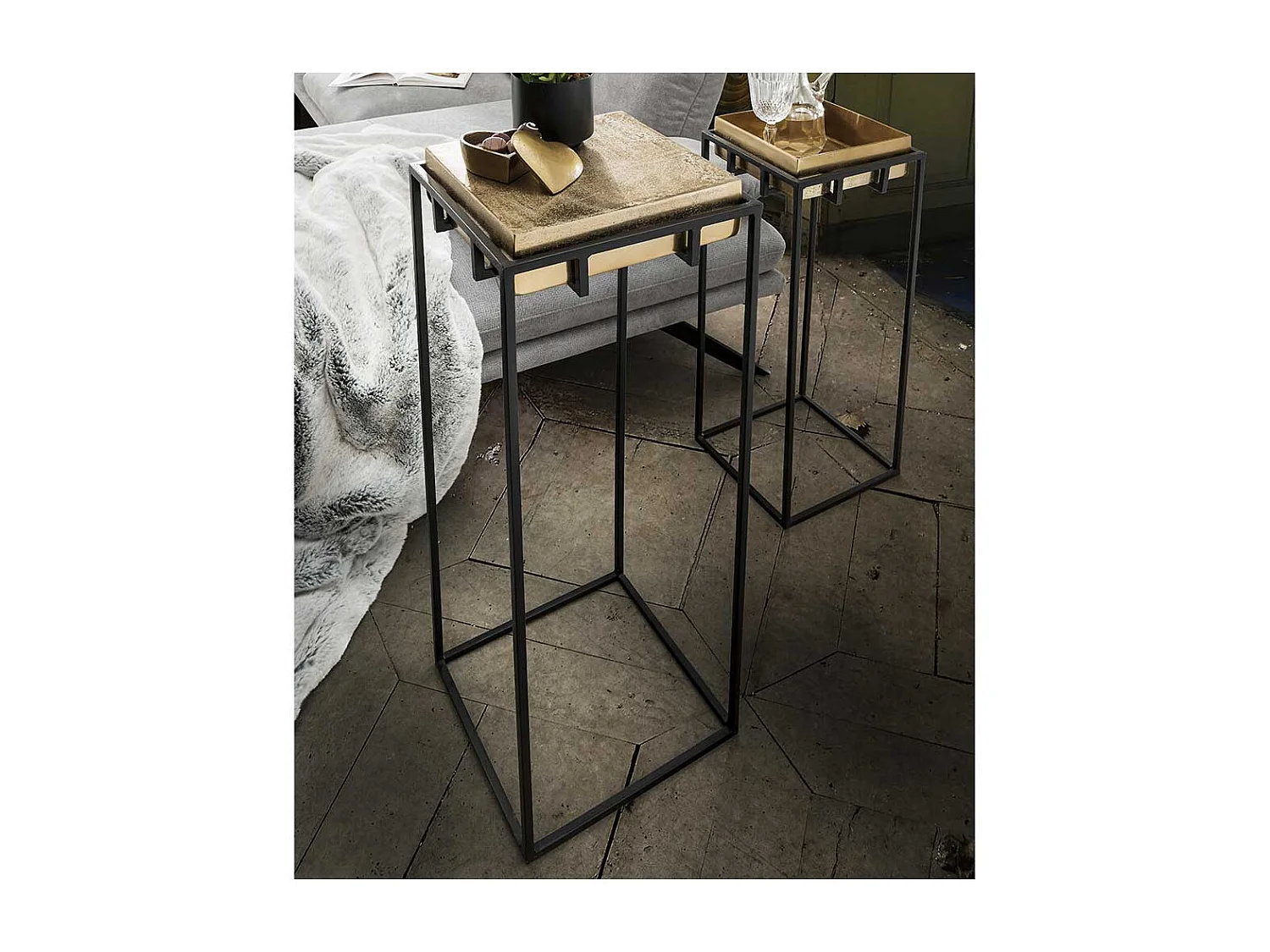 Hohes Beistelltisch Set mit abnehmbarer Platte Bronzegold & Schwarz (zweiteilig)