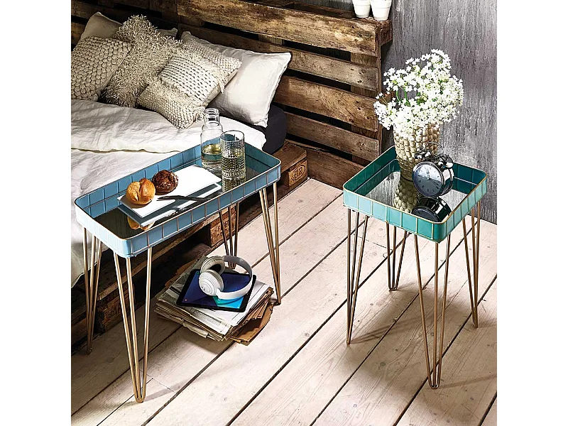Beistelltische aus Stahl Blau Türkis und Bronze (zweiteilig)