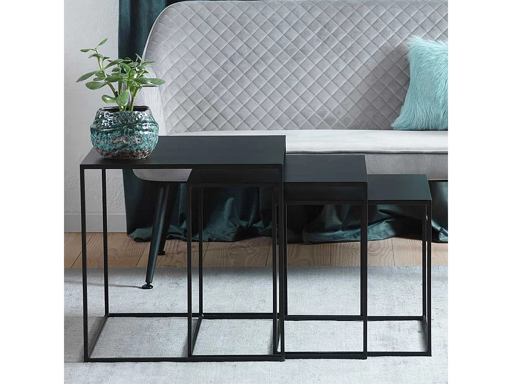 Metall Beistelltische in Schwarz quadratischer Tischplatte (dreiteilig)