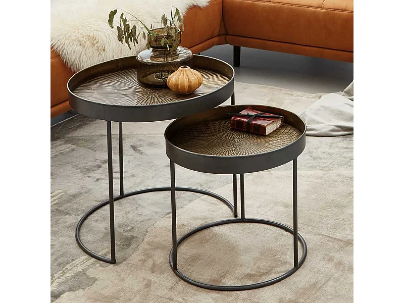 Runde Beistelltische aus Stahl Schwarz und Kupferfarben (zweiteilig)