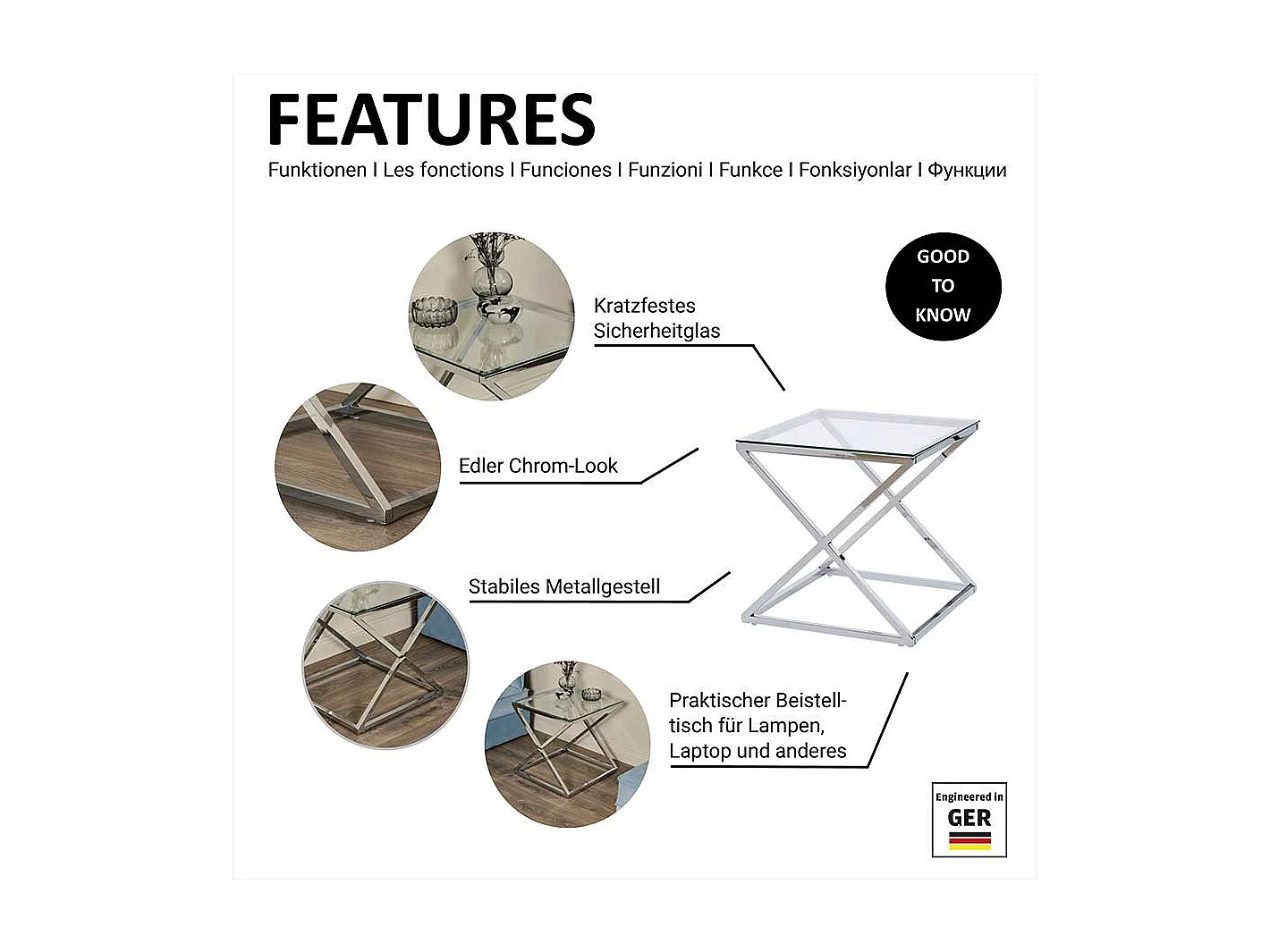 Beistelltisch Sofa Kleiner Tisch in Chromfarben mit Glasplatte