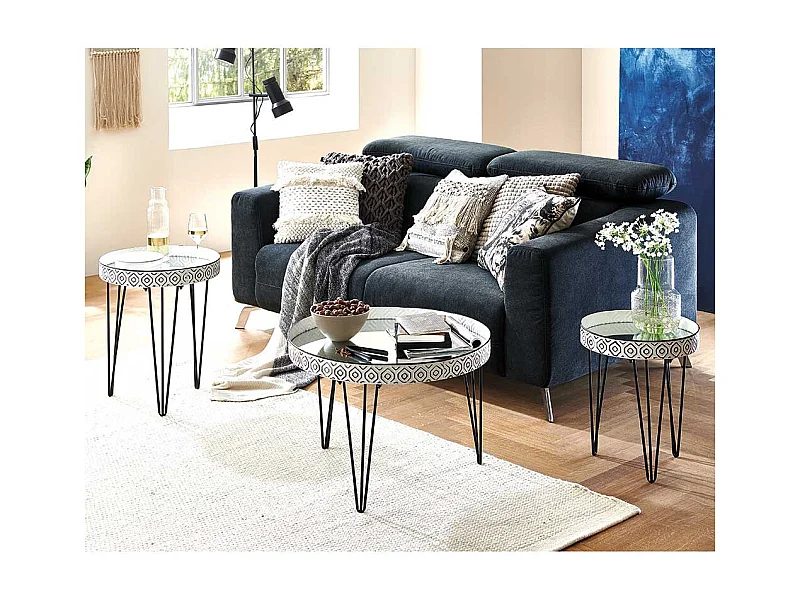 Retro Beistelltische aus Stahl mit Spiegelgas Platte Weiß und Schwarz (dreiteilig)