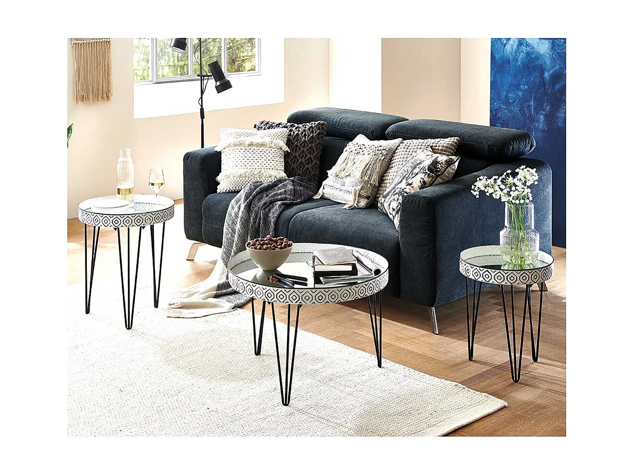 Retro Beistelltische aus Stahl mit Spiegelgas Platte Weiß und Schwarz (dreiteilig)