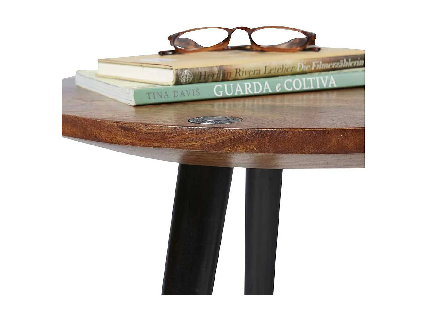 Sofa Beistelltisch aus Mangobaum Massivholz und Stahl rund