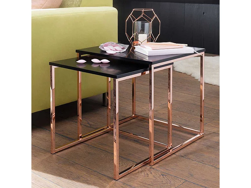 Sofa Beistelltisch Set im Retrostil Schwarz Hochglanz und Kupferfarben (zweiteilig)