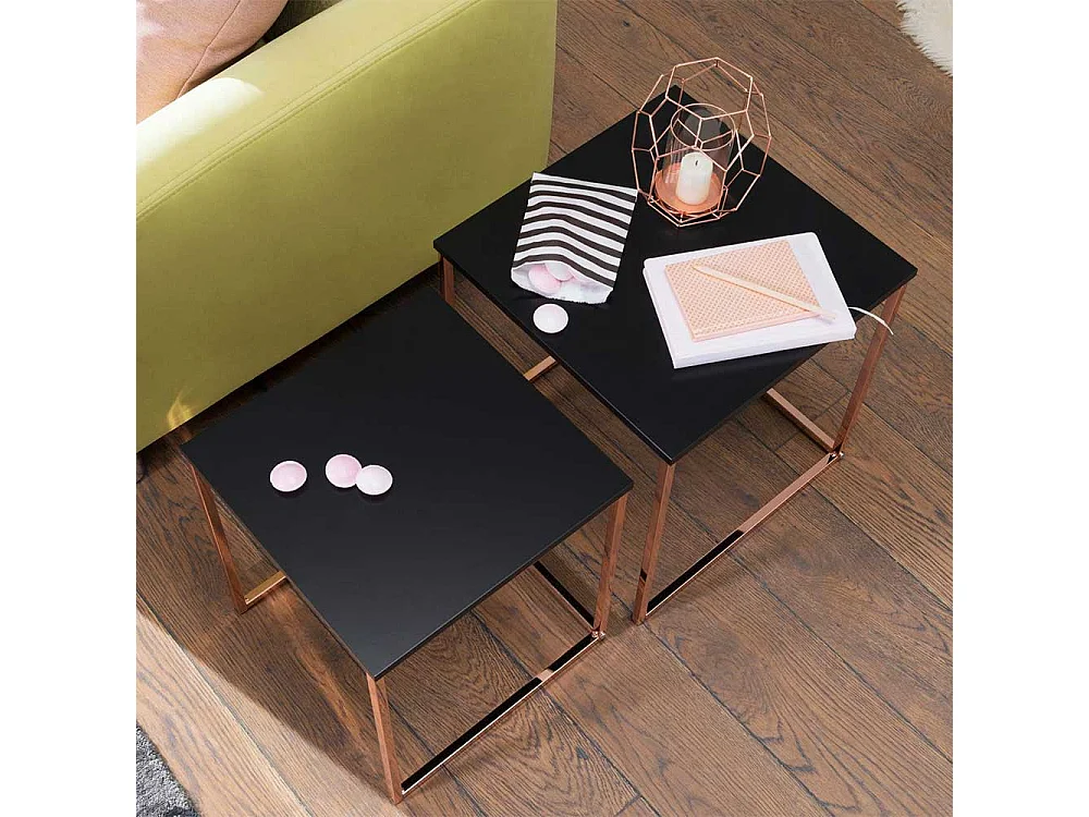 Sofa Beistelltisch Set im Retrostil Schwarz Hochglanz und Kupferfarben (zweiteilig)