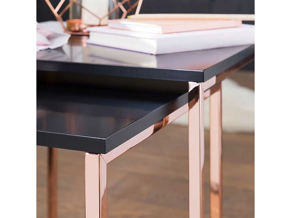 Sofa Beistelltisch Set im Retrostil Schwarz Hochglanz und Kupferfarben (zweiteilig)