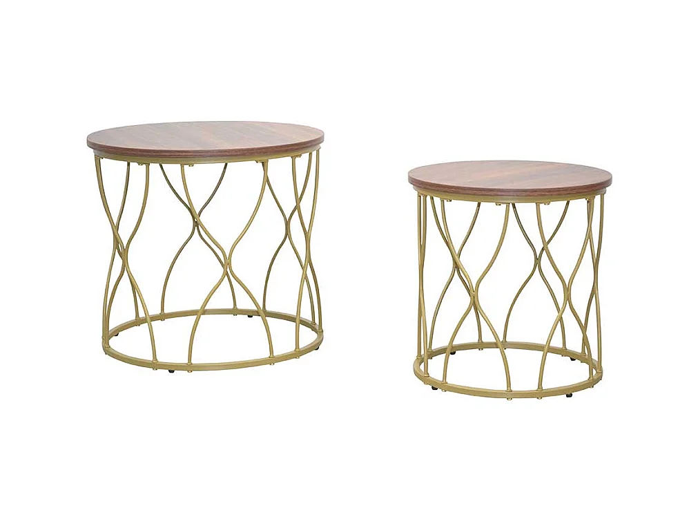 Beistelltischset in Gold und Nussbaumfarben Ringgestell (zweiteilig)