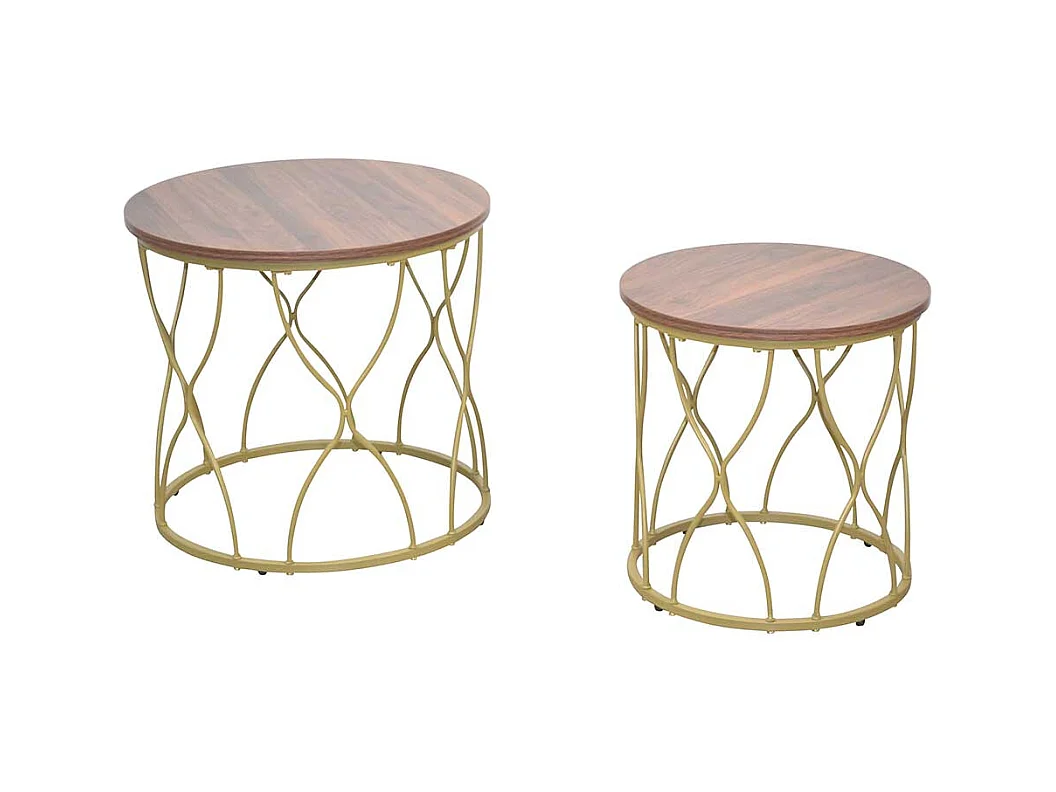 Beistelltischset in Gold und Nussbaumfarben Ringgestell (zweiteilig)
