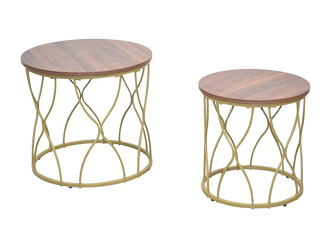Beistelltischset in Gold und Nussbaumfarben Ringgestell (zweiteilig)