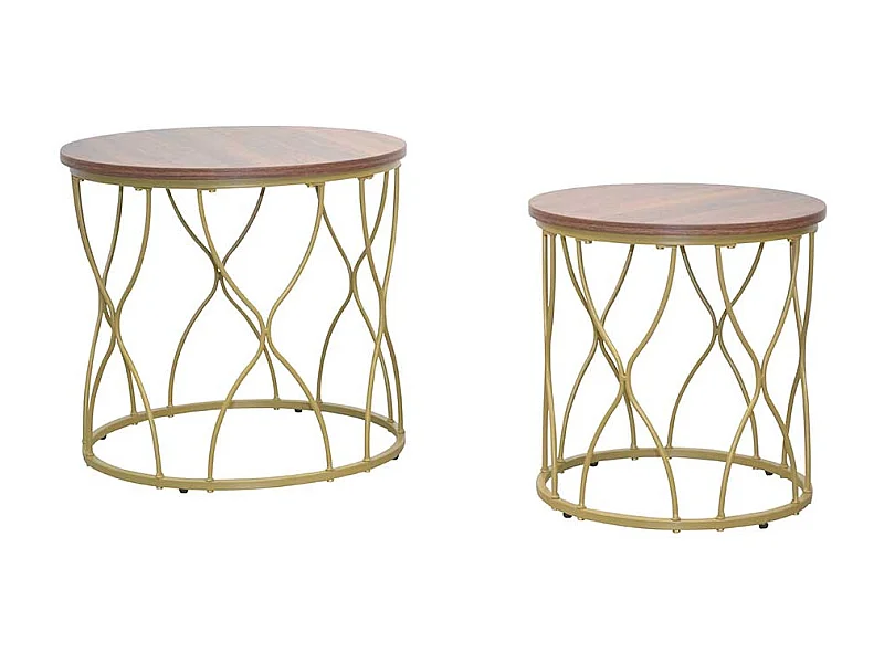 Beistelltischset in Gold und Nussbaumfarben Ringgestell (zweiteilig)