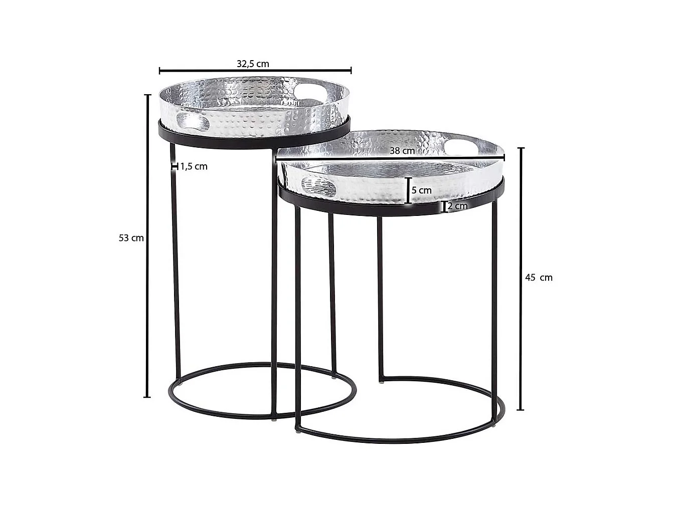 Beistelltische Sofa Metall in Silberfarben und Schwarz handgearbeitet (zweiteilig)
