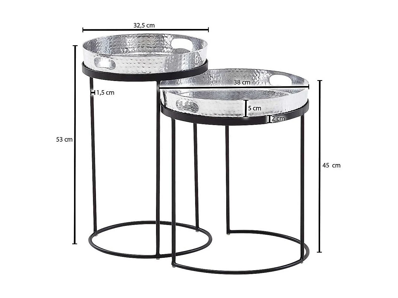 Beistelltische Sofa Metall in Silberfarben und Schwarz handgearbeitet (zweiteilig)