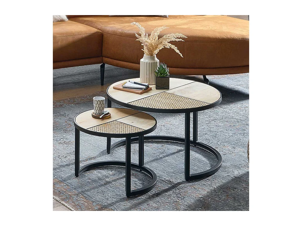 Moderne Beistelltische Sofa in Beige und Schwarz Rattan Geflecht (zweiteilig)