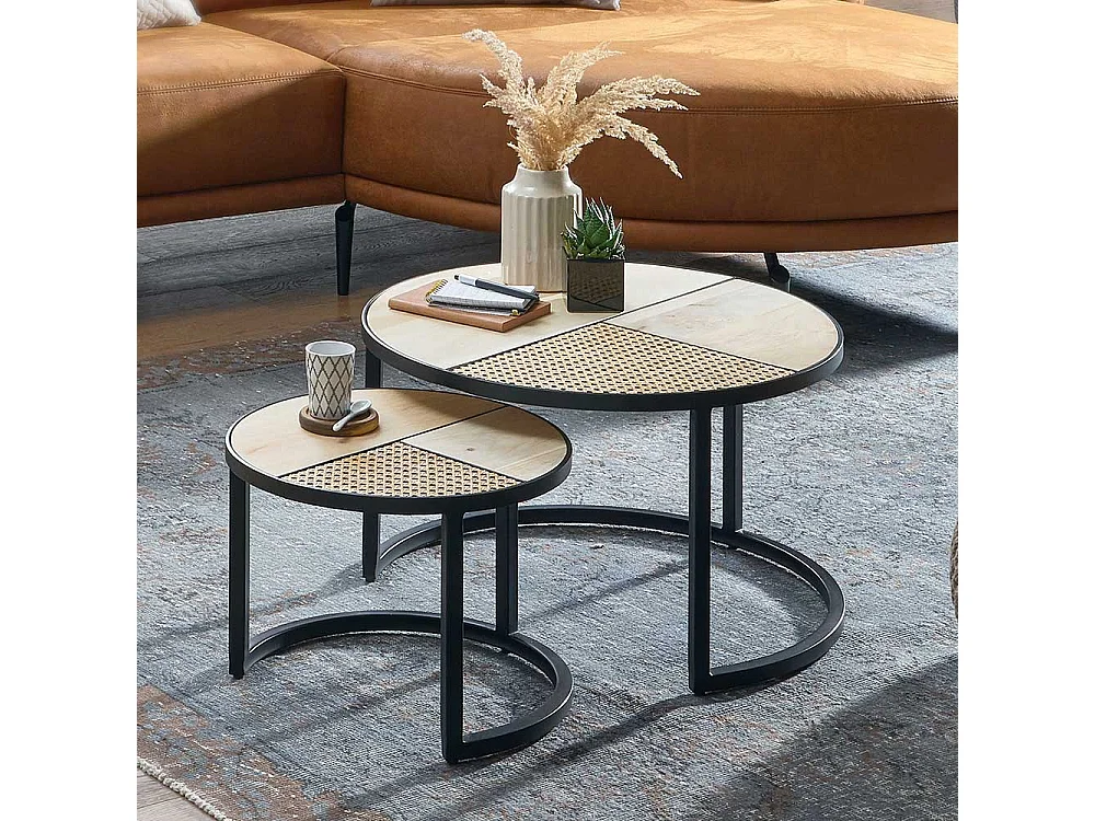 Moderne Beistelltische Sofa in Beige und Schwarz Rattan Geflecht (zweiteilig)