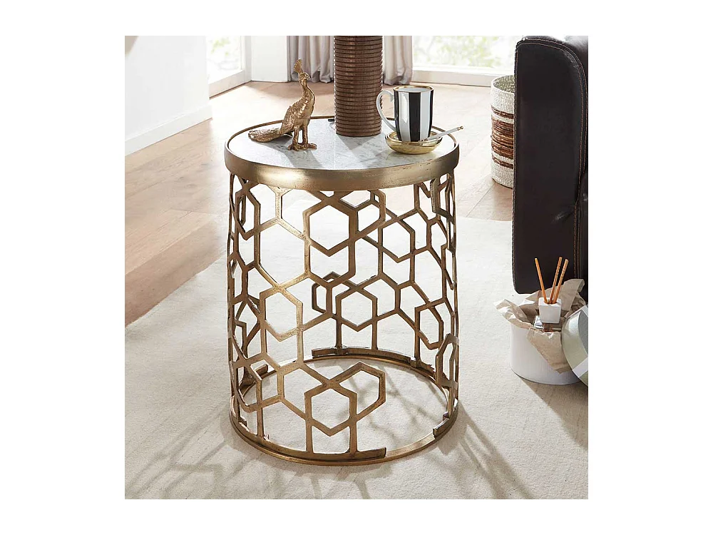 Runder Beistelltisch Sofa in Goldfarben Marmorplatte in Weiß