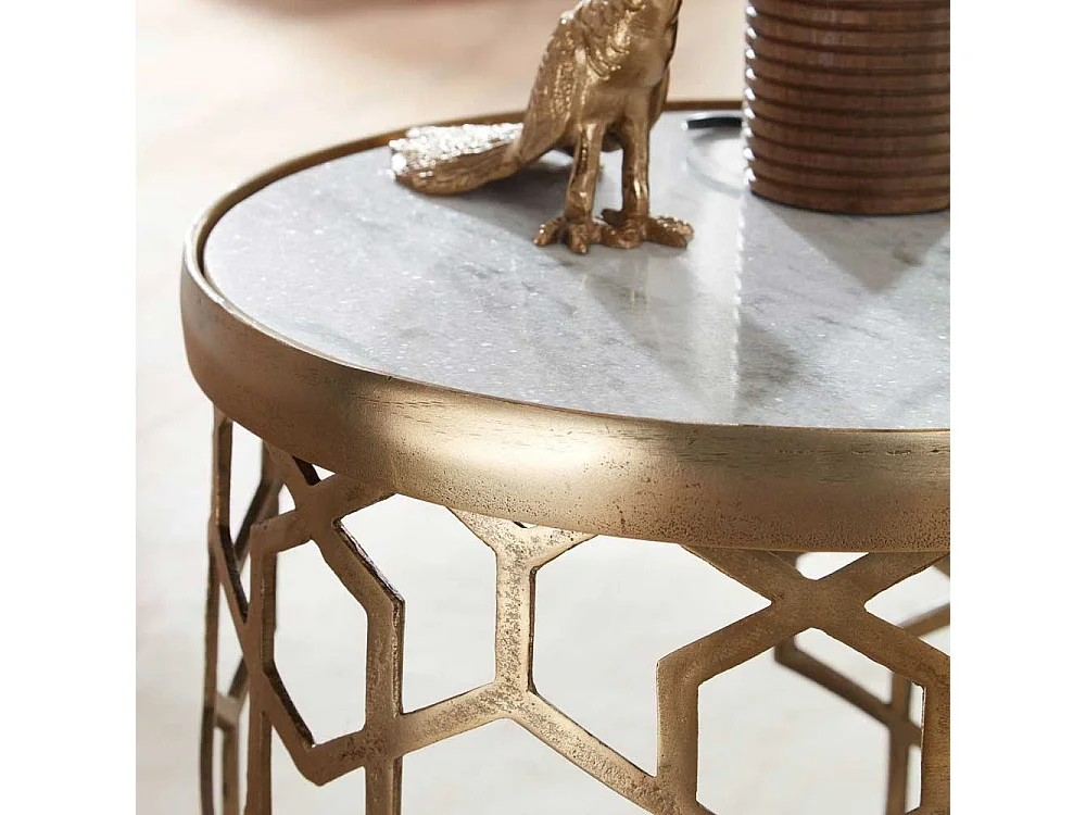 Runder Beistelltisch Sofa in Goldfarben Marmorplatte in Weiß