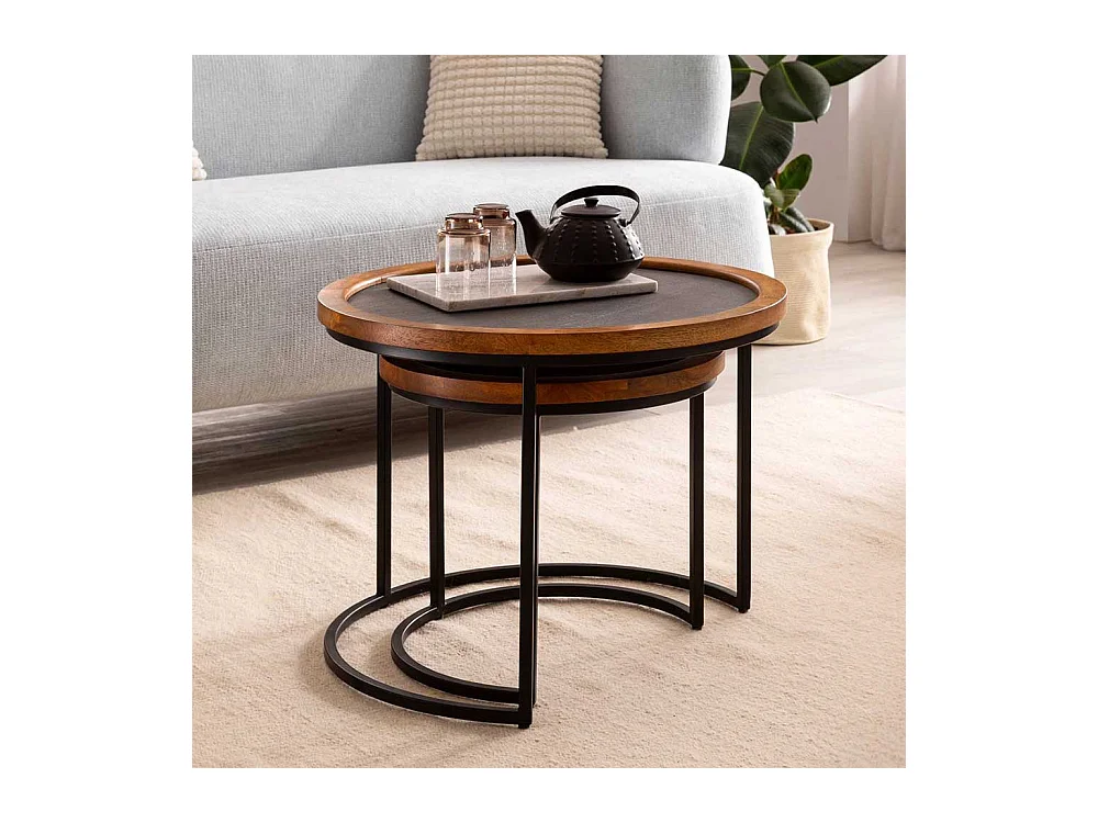 Sofa Tisch Set Beistelltische in Mangoholz Naturfarben und Anthrazit (zweiteilig)