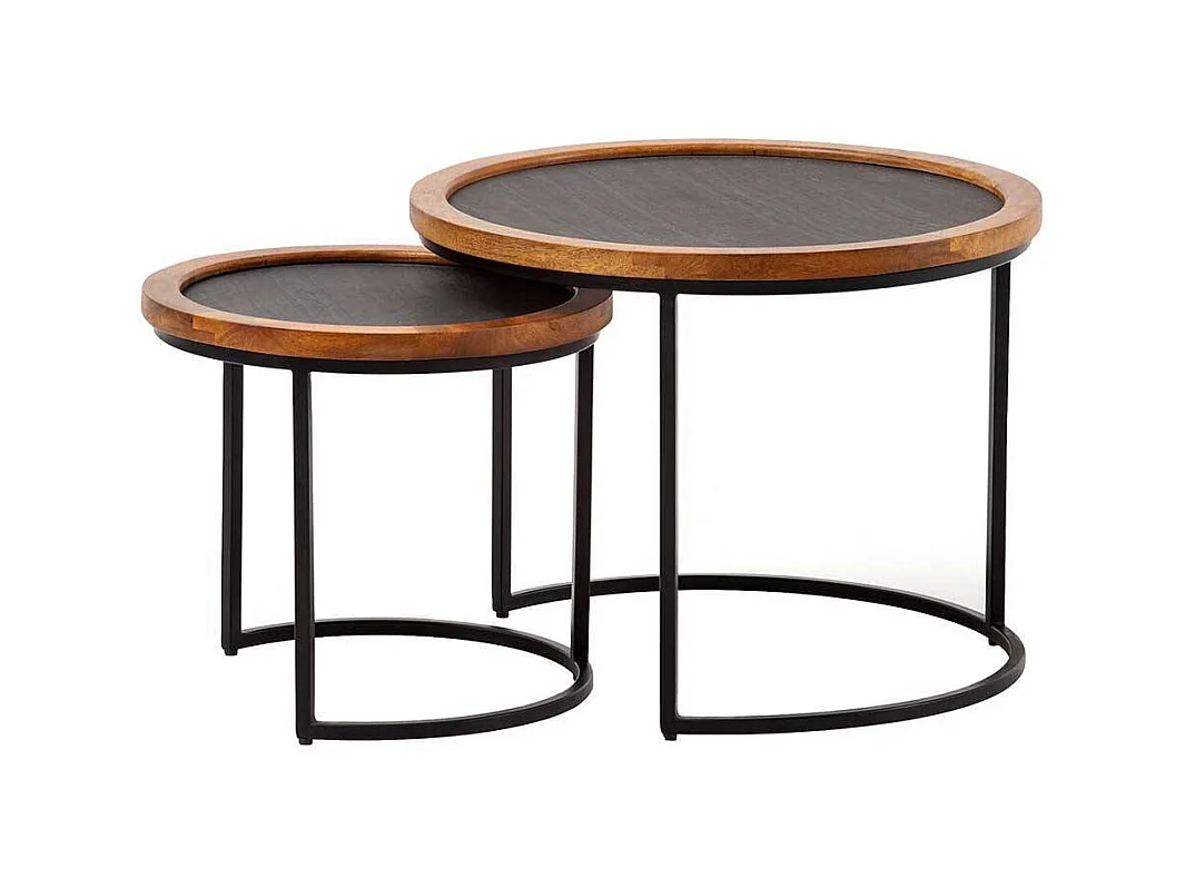 Sofa Tisch Set Beistelltische in Mangoholz Naturfarben und Anthrazit (zweiteilig)