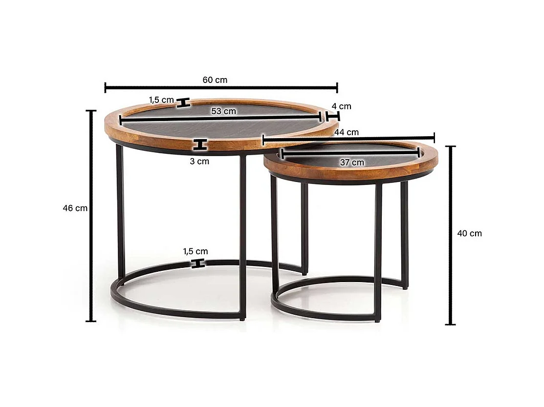 Sofa Tisch Set Beistelltische in Mangoholz Naturfarben und Anthrazit (zweiteilig)