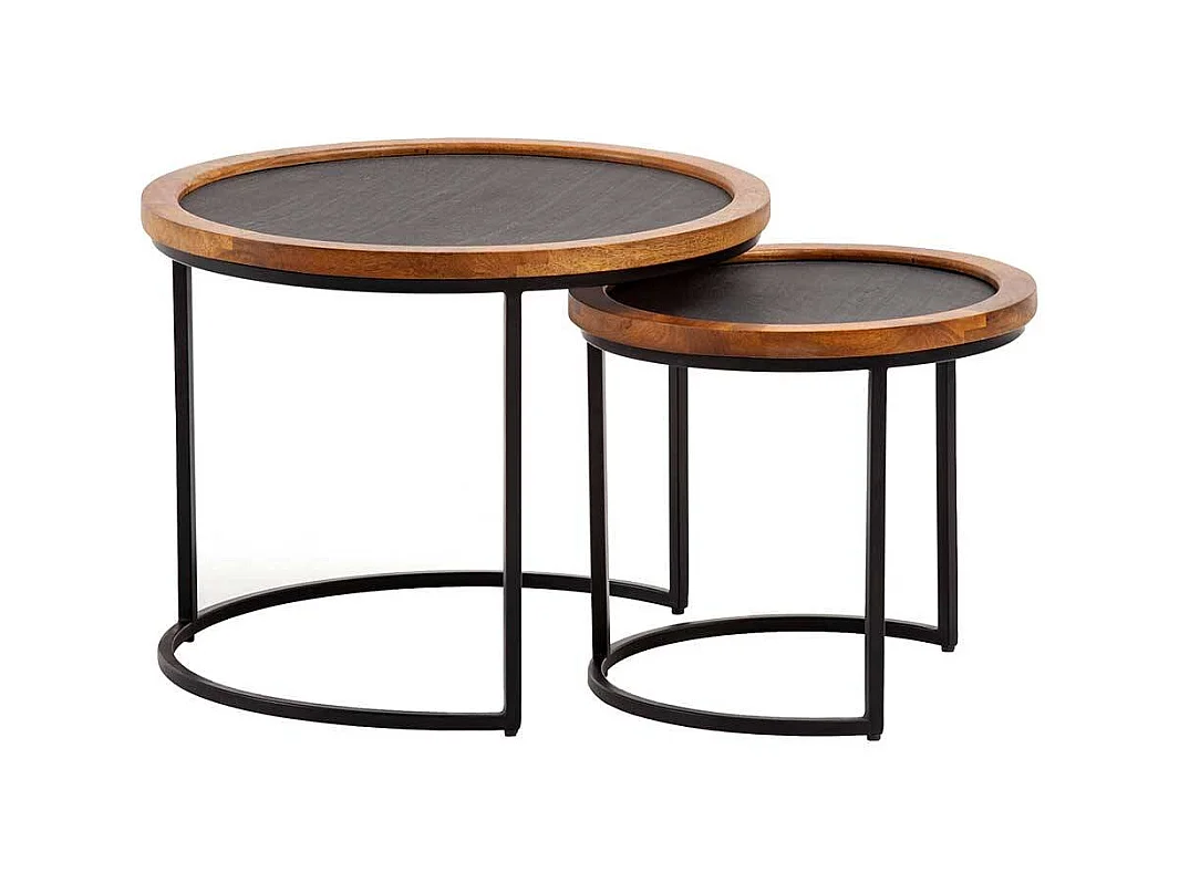 Sofa Tisch Set Beistelltische in Mangoholz Naturfarben und Anthrazit (zweiteilig)