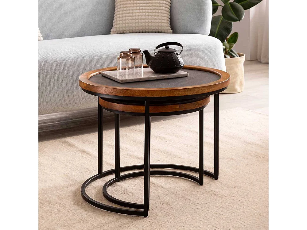 Sofa Tisch Set Beistelltische in Mangoholz Naturfarben und Anthrazit (zweiteilig)