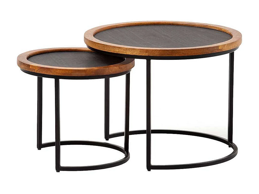 Sofa Tisch Set Beistelltische in Mangoholz Naturfarben und Anthrazit (zweiteilig)