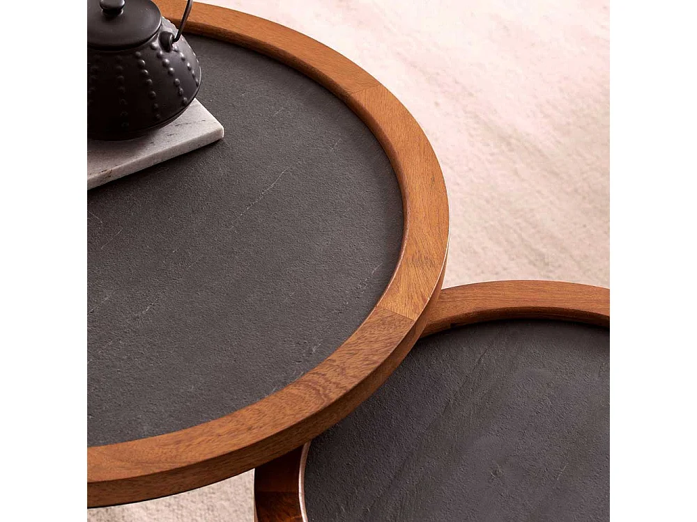 Sofa Tisch Set Beistelltische in Mangoholz Naturfarben und Anthrazit (zweiteilig)