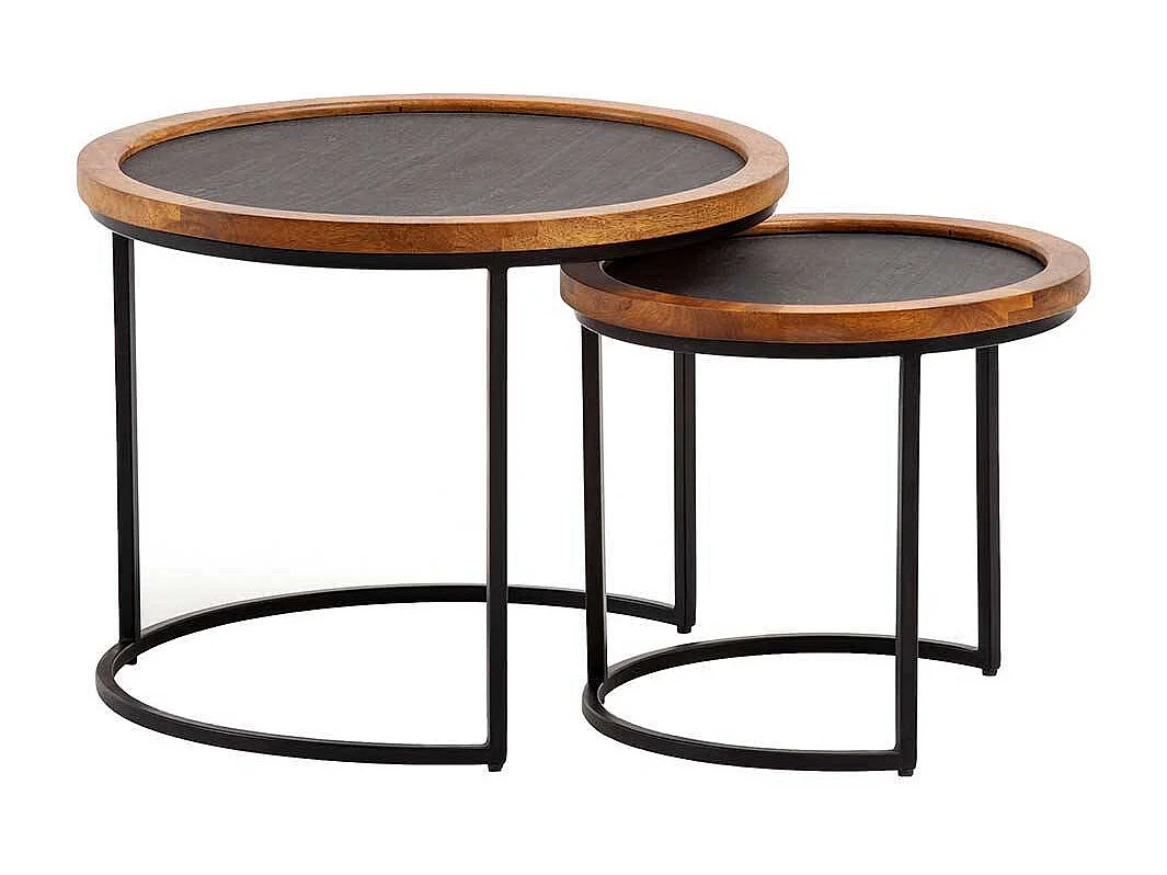 Sofa Tisch Set Beistelltische in Mangoholz Naturfarben und Anthrazit (zweiteilig)