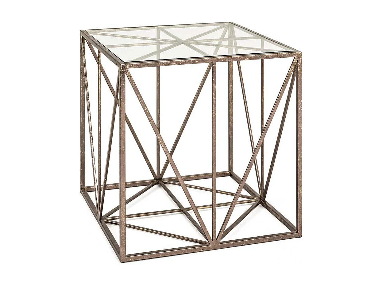 Design Beistelltisch in Bronzefarben Metall Glasplatte