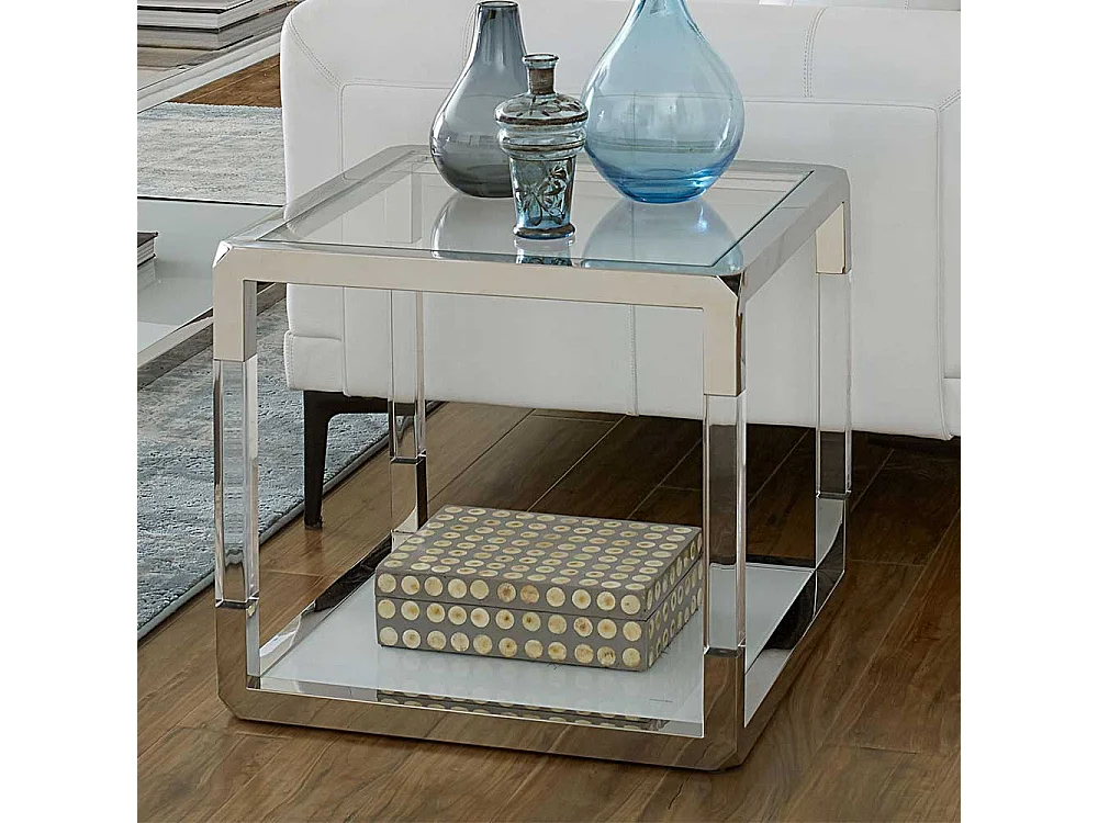 Design Beistelltisch Transparent und Weiß Edelstahl und Glas