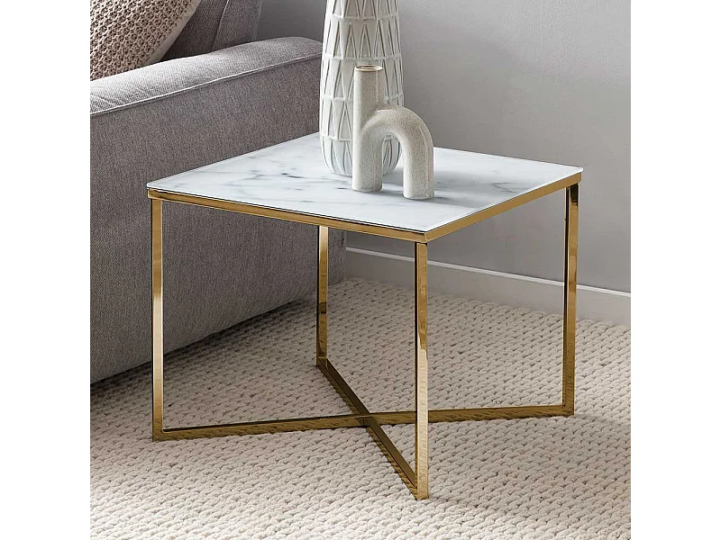 Beistelltisch Sofa in Weiß und Goldfarben quadratischer Tischplatte