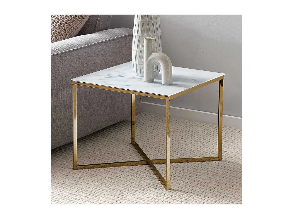 Beistelltisch Sofa in Wei� und Goldfarben quadratischer Tischplatte