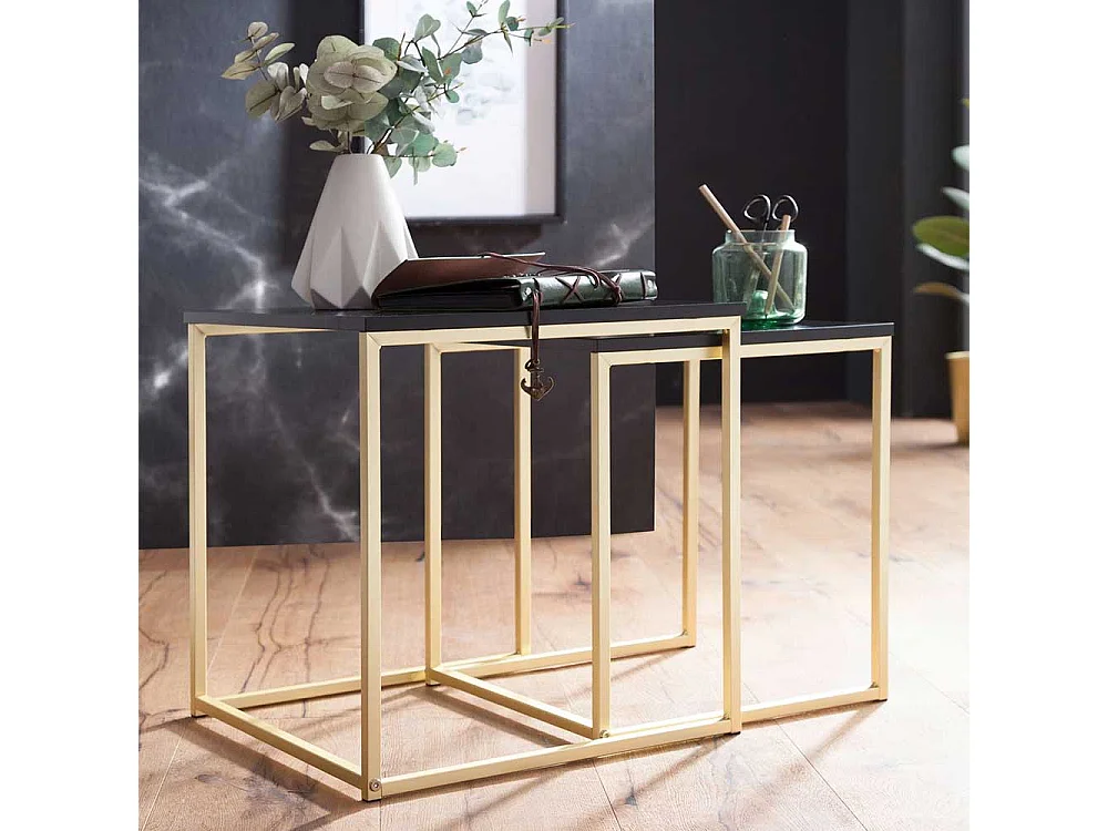 Beistelltisch Set in Schwarz Hochglanz und Goldfarben Retrostil (zweiteilig)