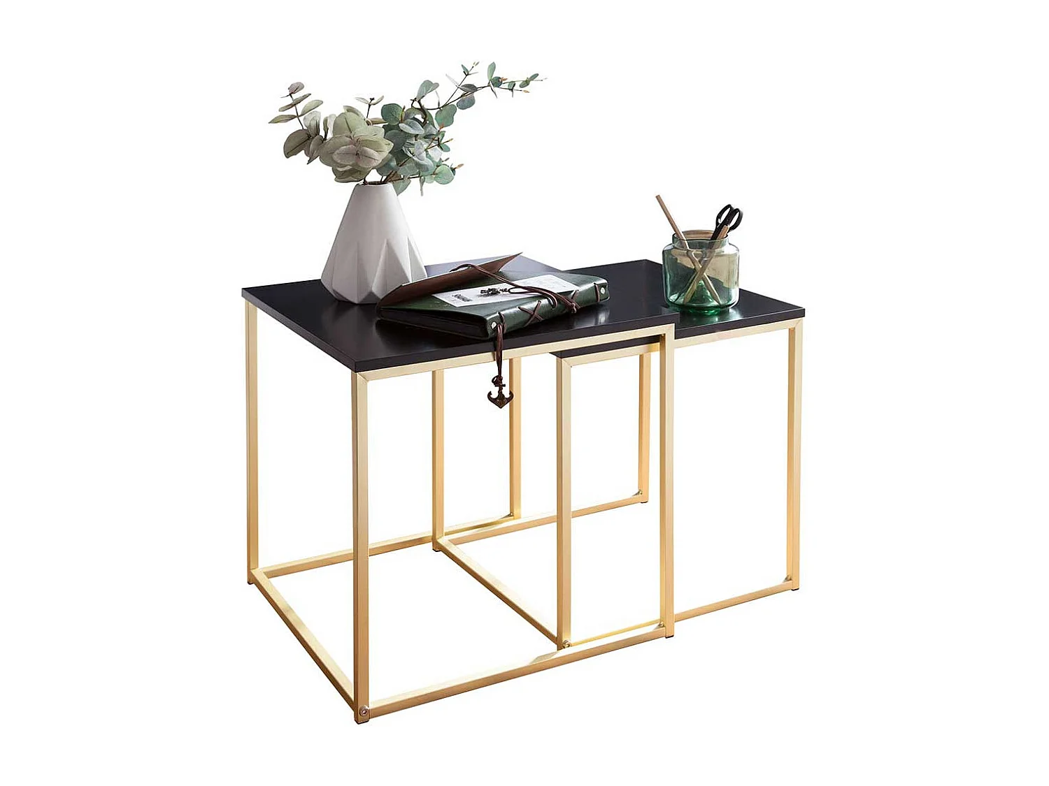 Beistelltisch Set in Schwarz Hochglanz und Goldfarben Retrostil (zweiteilig)