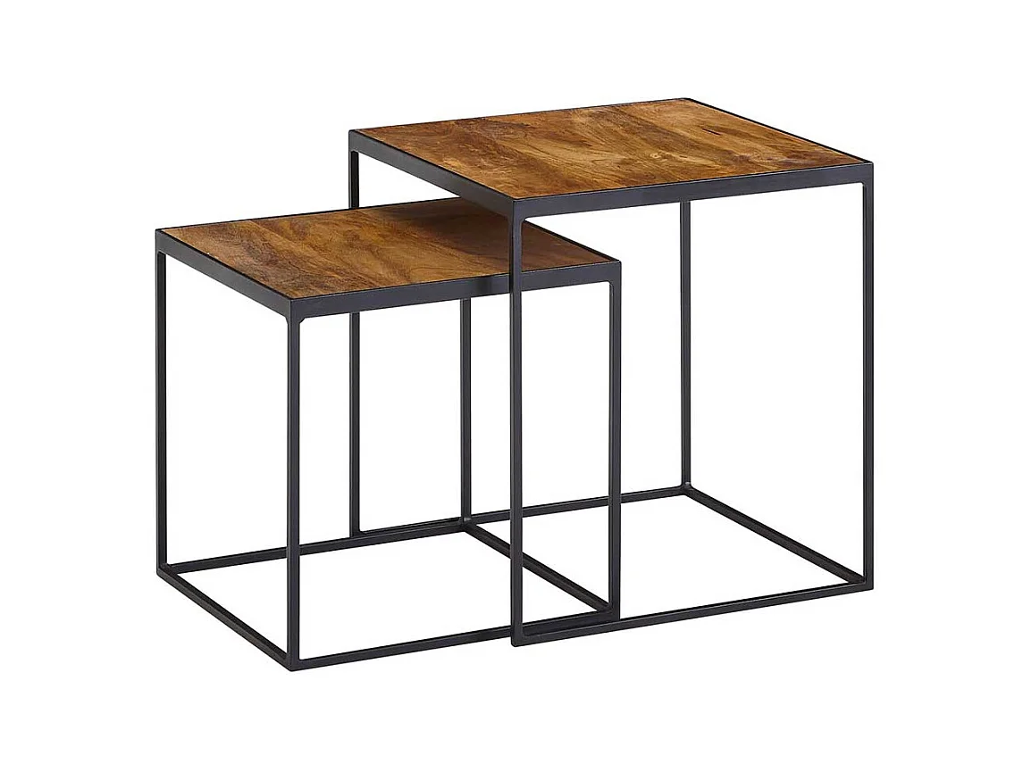 Industry Beistelltische aus Mangobaum Massivholz und Eisen quadratisch (zweiteilig)