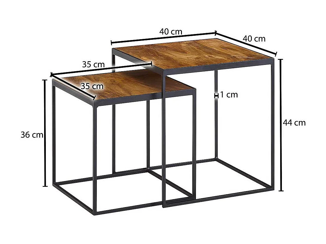 Industry Beistelltische aus Mangobaum Massivholz und Eisen quadratisch (zweiteilig)