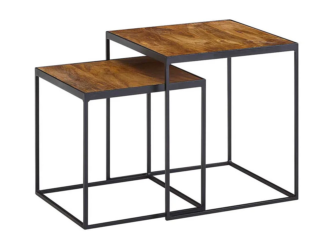 Industry Beistelltische aus Mangobaum Massivholz und Eisen quadratisch (zweiteilig)