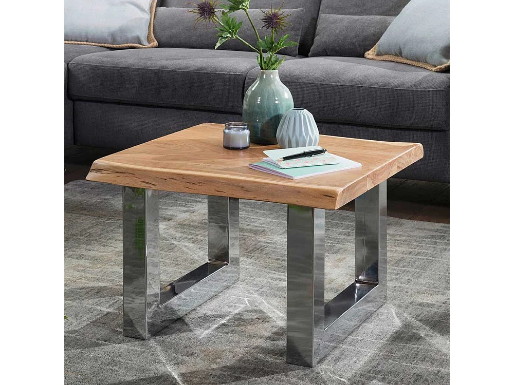 Sofa Beistelltisch aus Akazie Massivholz verchromten Bügelgestell