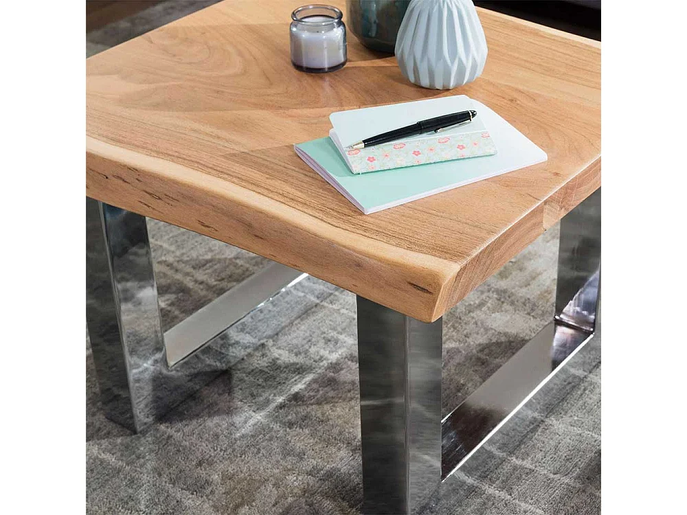 Sofa Beistelltisch aus Akazie Massivholz verchromten Bügelgestell