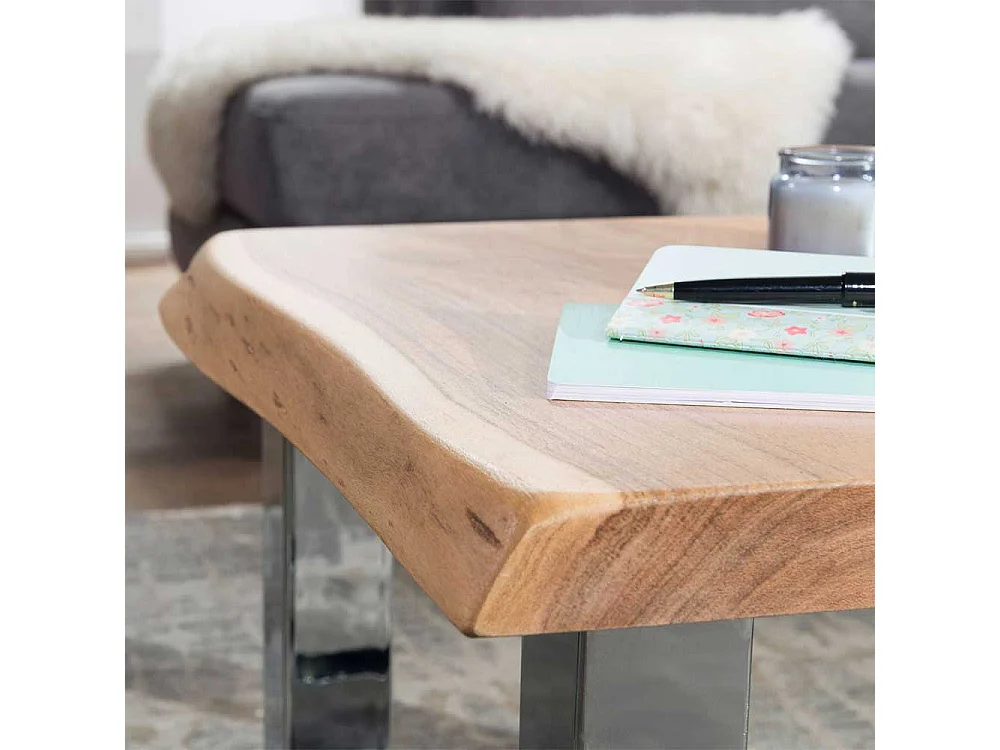 Sofa Beistelltisch aus Akazie Massivholz verchromten Bügelgestell