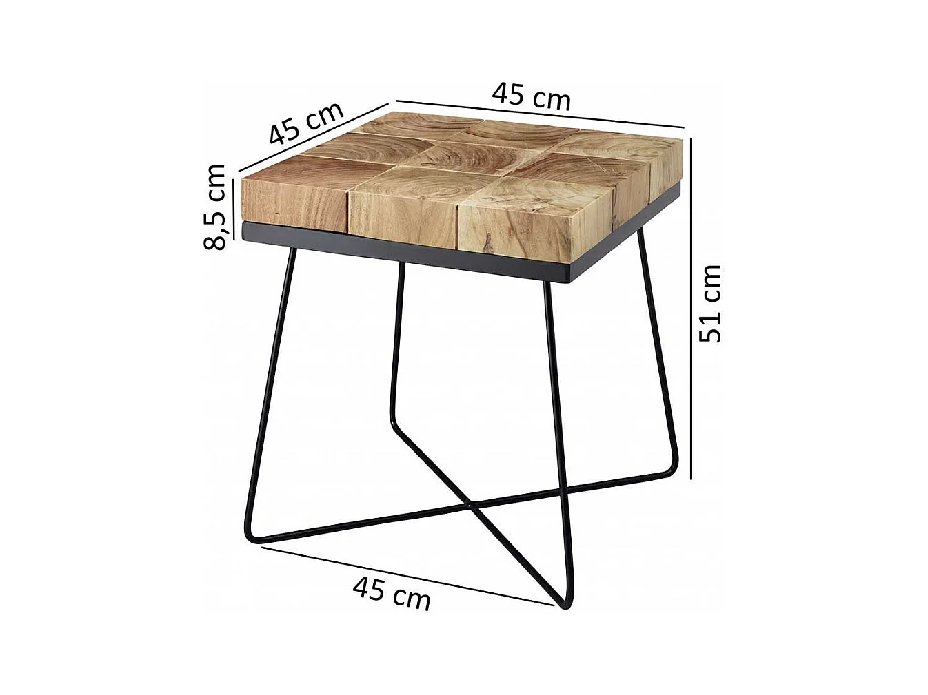 Quadratischer Beistelltisch aus Akazie Massivholz Schwarz Metall