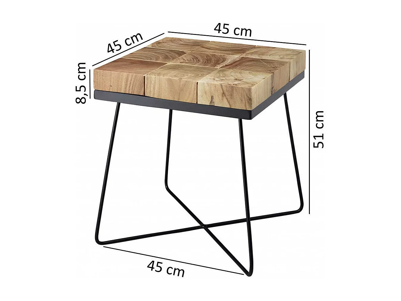 Quadratischer Beistelltisch aus Akazie Massivholz Schwarz Metall