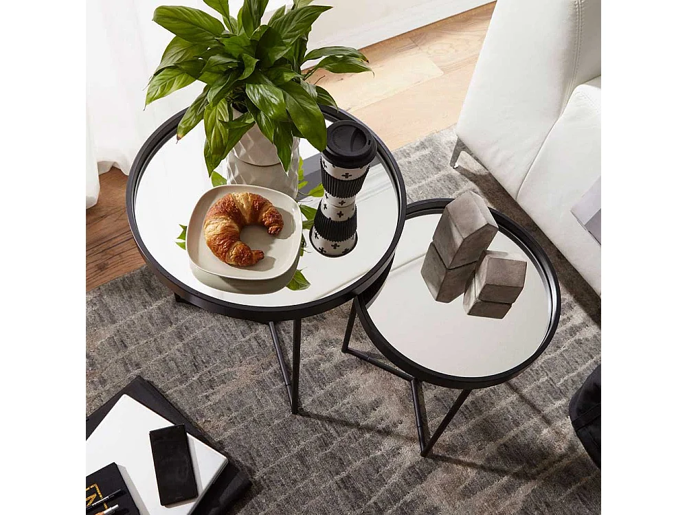 Beistelltisch Set in Schwarz Metall runden Spiegelglas Platten (zweiteilig)