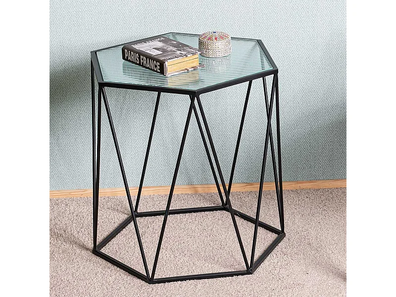 Beistelltisch mit Strukturglasplatte -Riffelglas Metall Hexagon Gestell