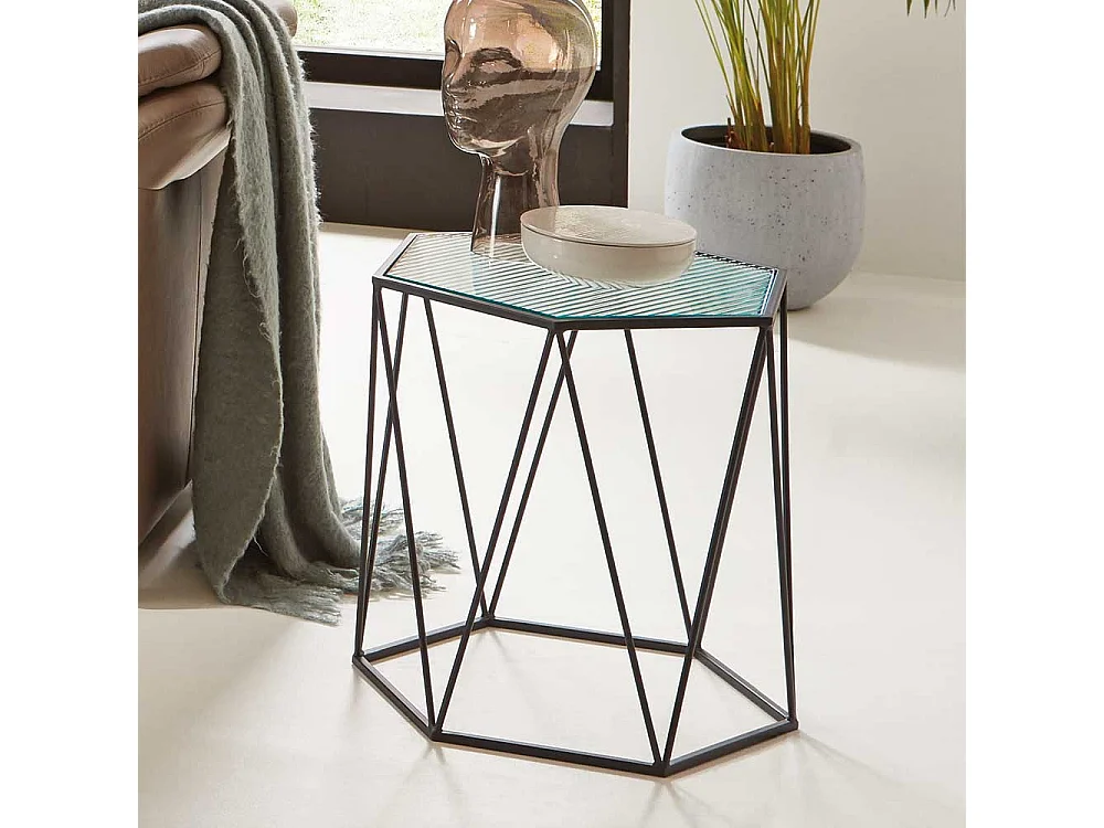 Beistelltisch mit Strukturglasplatte -Riffelglas Metall Hexagon Gestell