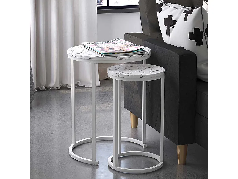 Beistelltische Terrazzo Optik in Weiß Bügelgestell (zweiteilig)