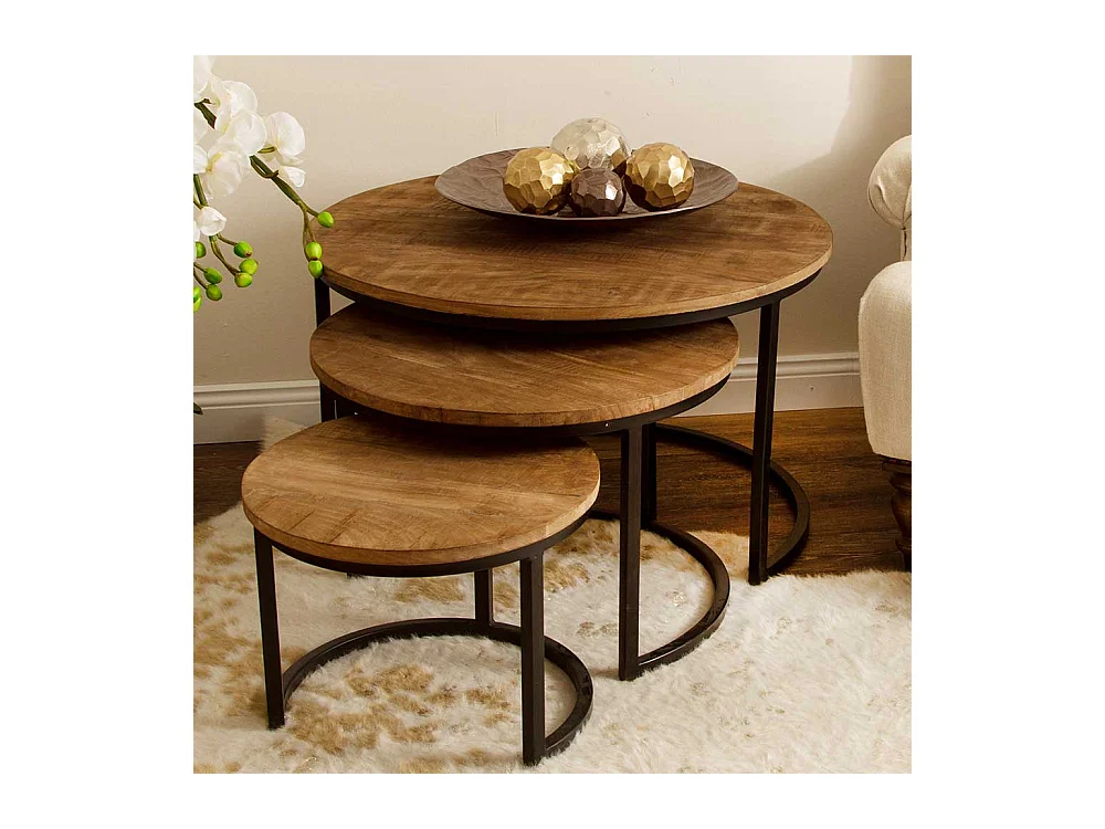 Dreisatz Beistelltisch Industrial aus Mangobaum Massivholz Metall (dreiteilig)