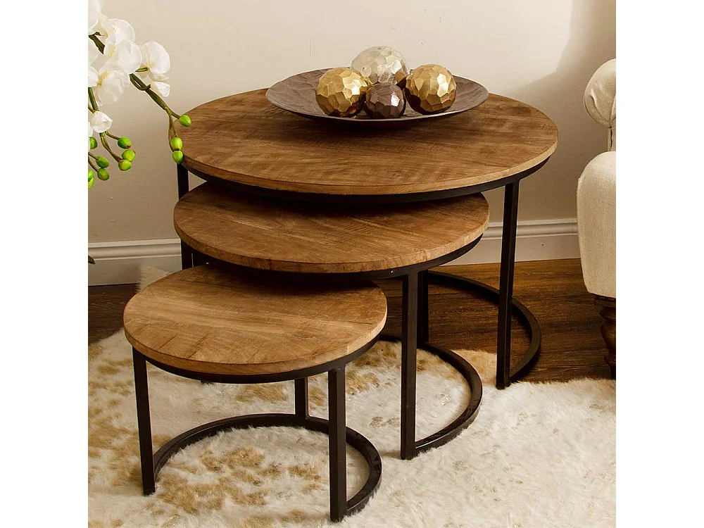 Dreisatz Beistelltisch Industrial aus Mangobaum Massivholz Metall (dreiteilig)